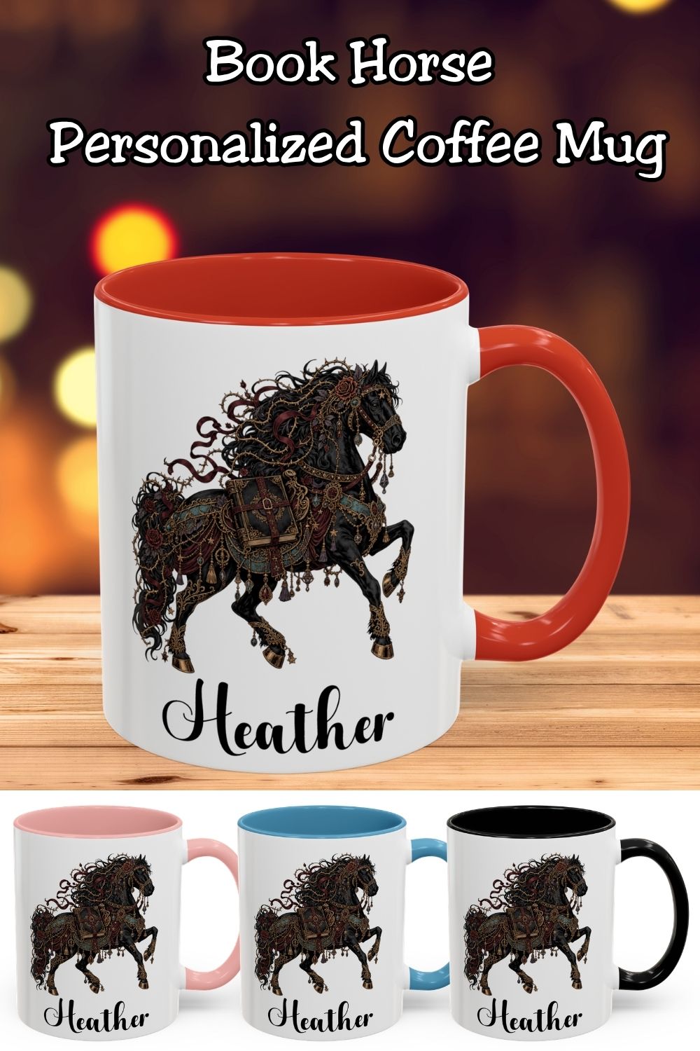 Bring a little enchanted kingdom magic to your coffee break. This personalized gothic horse mug features a black horse adorned with burgundy roses, ornate gold-toned details, and a book at its side. Add your name and choose an 11 oz or 15 oz size, both available in red, light blue, black, and pink. A thoughtful gift for horse lovers, romantasy readers, and fans of dark fantasy art.