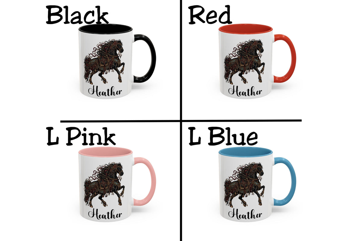 A four-panel color options graphic showing a white ceramic mug with a dark horse illustration and the name Heather printed below, labeled Black, Red, L Pink, and L Blue.
