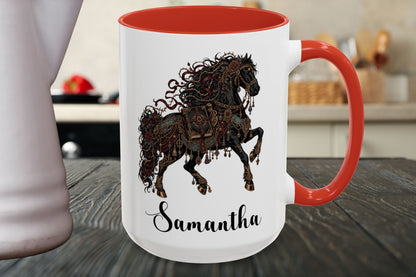 A white ceramic mug with a red handle and red interior, featuring a detailed black and brown filigree horse design and the name 'Samantha' in black script, shown on a dark wooden table.