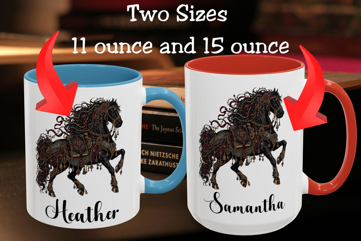 Two personalized ceramic mugs shown side by side with text reading 'Two Sizes 11 ounce and 15 ounce' and red arrows pointing to each mug. The left mug is white with a blue handle and interior, printed with a dark horse illustration and the name Heather.