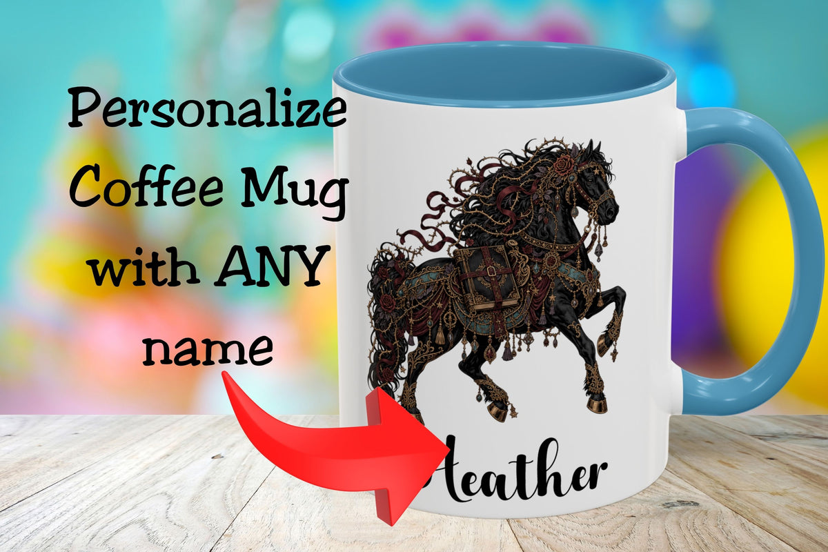 A white coffee mug with a blue interior and handle, featuring a decorative dark horse illustration and the name 'Leather' printed on it. Large text on the left reads 'Personalize Coffee Mug with ANY name' with a red arrow pointing to the mug.