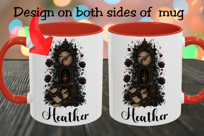 Two white ceramic mugs with red interiors and handles are shown side by side on a wooden surface, each printed with a dark gothic illustration and the name 'Heather' in black script. Text at the top says 'Design on both sides of mug' with a red arrow pointing to the left mug.