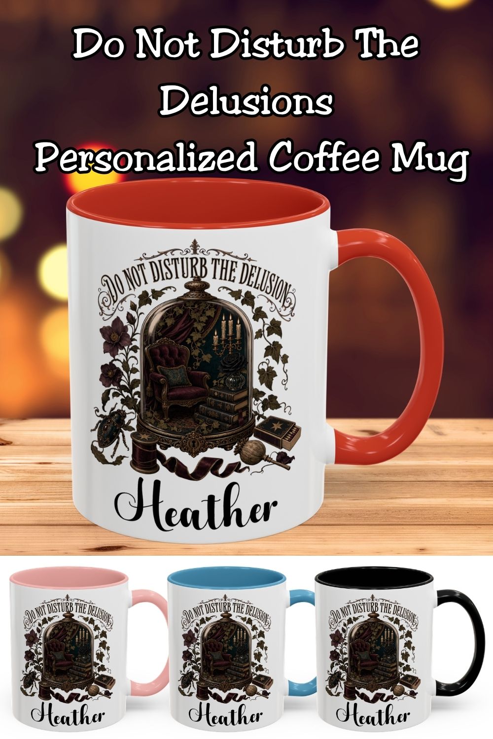 Do not disturb the delusion—or the reading time. This personalized book lover mug features a candlelit reading nook beneath a glass dome, surrounded by ivy and moody florals. Add your name and choose an 11 oz or 15 oz size, both available in red, light blue, black, and pink. A thoughtful gift for romantasy readers, dark academia fans, and anyone who dreams of their own cozy library.