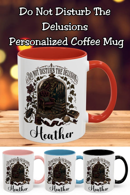 Do not disturb the delusion—or the reading time. This personalized book lover mug features a candlelit reading nook beneath a glass dome, surrounded by ivy and moody florals. Add your name and choose an 11 oz or 15 oz size, both available in red, light blue, black, and pink. A thoughtful gift for romantasy readers, dark academia fans, and anyone who dreams of their own cozy library.
