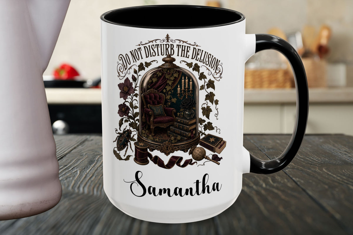 Personalized Book Lover Mug, Do Not Disturb the Delusion, Gothic Reading Nook Coffee Cup, 11 oz and 15 oz, 4 Colors