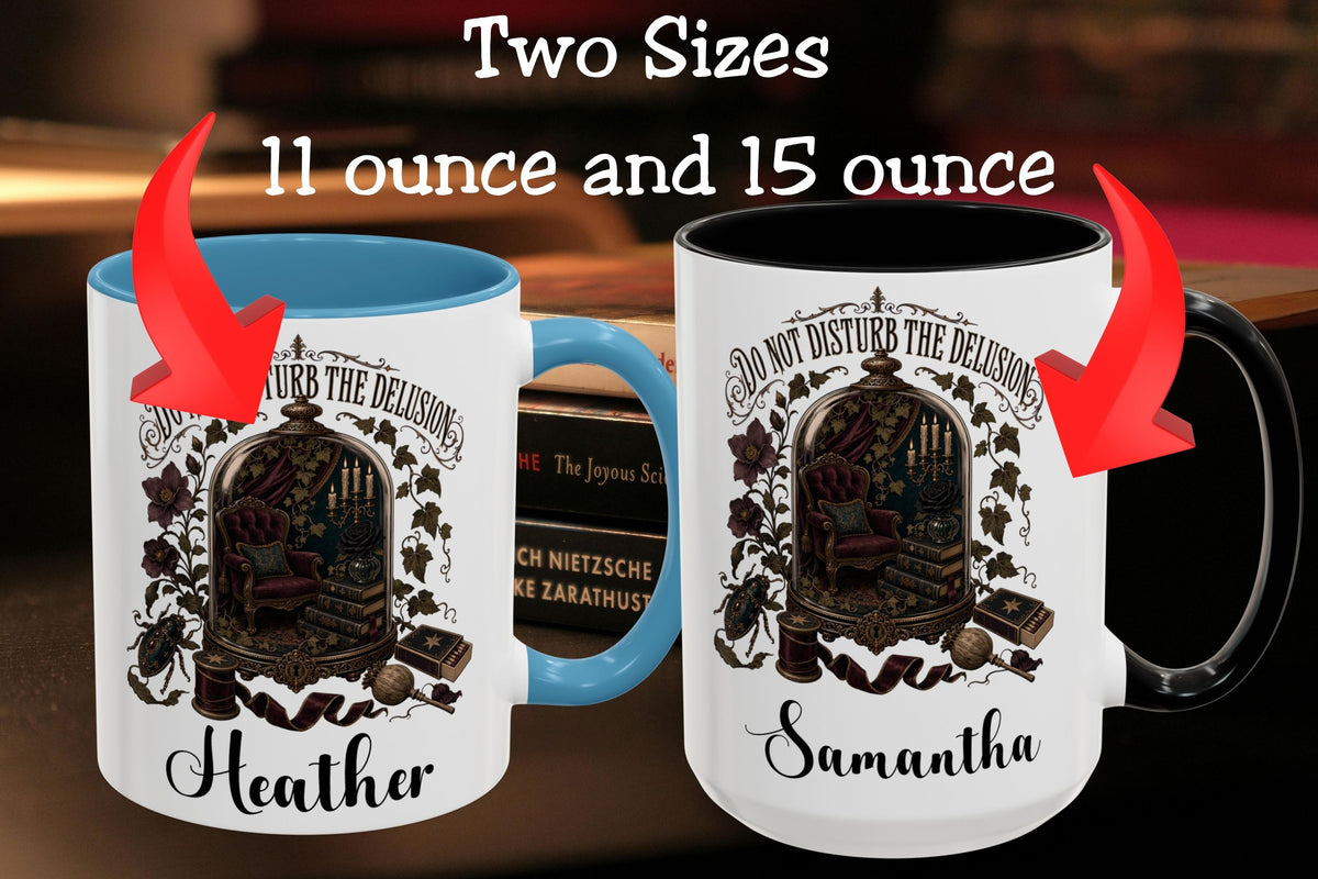 Two white ceramic mugs shown side by side with text reading 'Two Sizes 11 ounce and 15 ounce' and red arrows pointing to each mug. The left mug has a blue interior and handle, and the right mug has a black interior and handle.