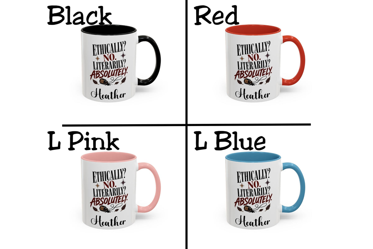 Four mug color options arranged in a 2x2 grid on a white background, each labeled with a color name: Black, Red, L Pink, and L Blue. The mugs are white with printed text reading 'Emotionally Unavailable in People Who Are Real Hannah' and each has a different handle and interior color.