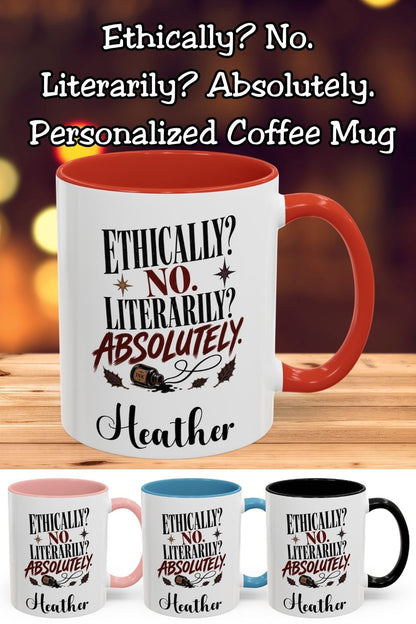 Ethically? No. Literarily? Absolutely. This personalized dark romance mug celebrates your questionable taste in fictional characters with distressed lettering and a vintage ink bottle design. Add your name and choose an 11 oz or 15 oz size, both available in red, light blue, black, and pink. A thoughtful gift for book lovers, romantasy readers, and friends who always defend the villain.