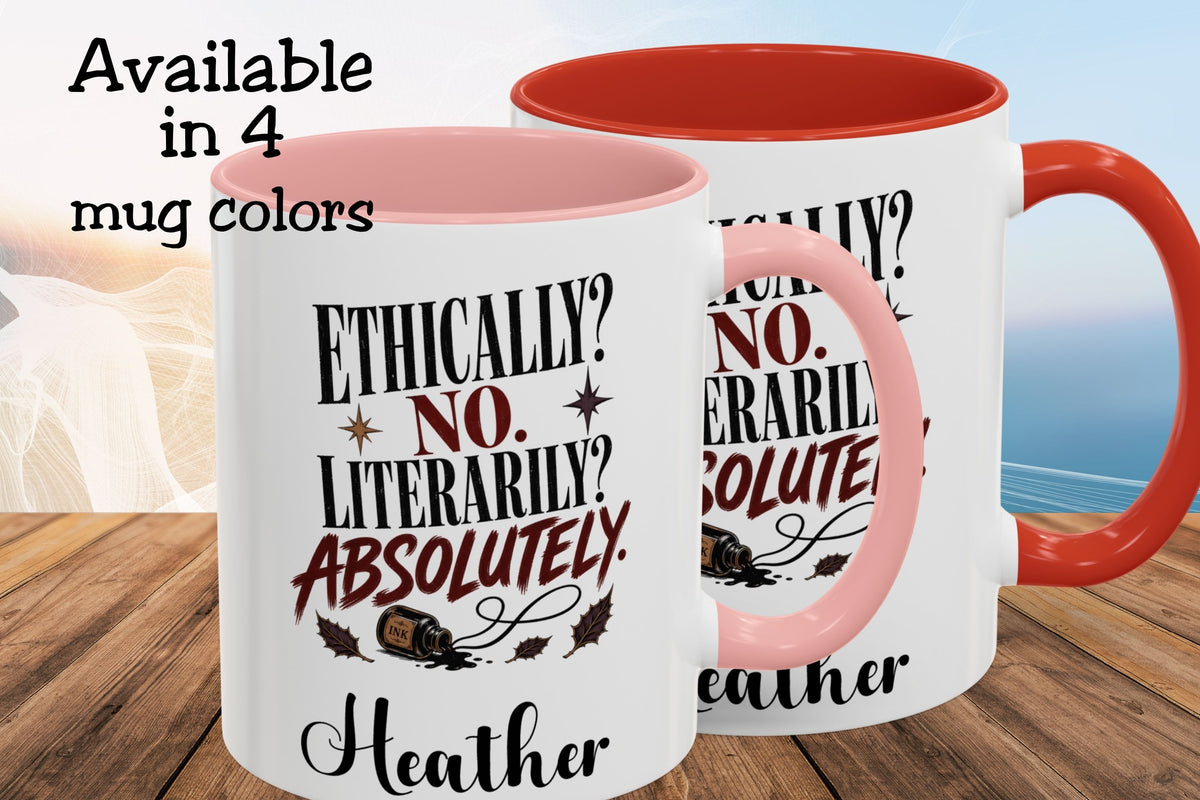 Two ceramic mugs shown on a wooden surface with a blurred beach background. The mugs are white with a pink interior and handle, printed with the phrase 'ETHICALLY? NO.