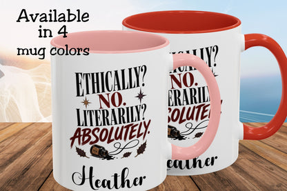 Two ceramic mugs shown on a wooden surface with a blurred beach background. The mugs are white with a pink interior and handle, printed with the phrase 'ETHICALLY? NO.