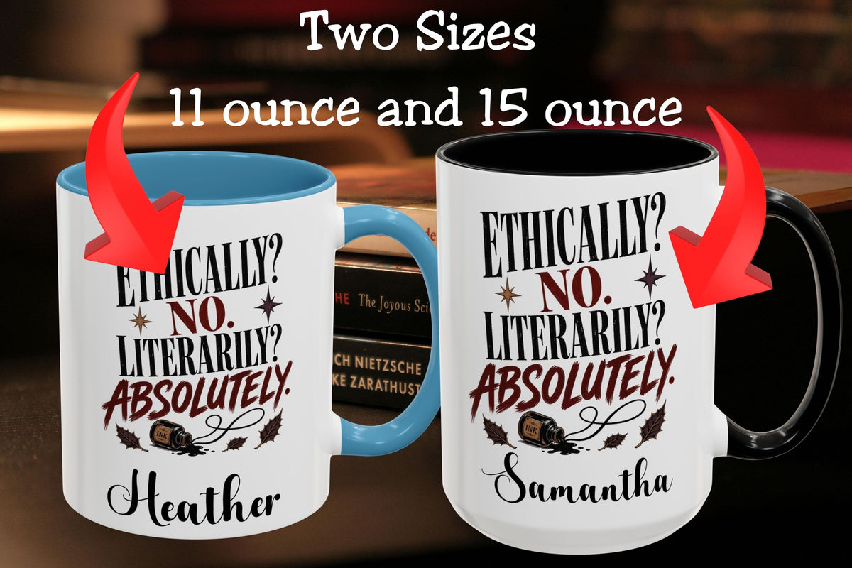 Two white ceramic mugs with custom printed text and red arrow graphics indicating 11 ounce and 15 ounce sizes. The left mug has a light blue interior and handle, and the right mug has a black interior and handle.