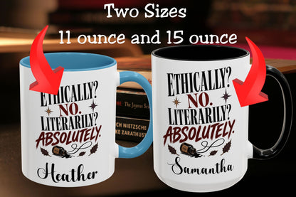 Two white ceramic mugs with custom printed text and red arrow graphics indicating 11 ounce and 15 ounce sizes. The left mug has a light blue interior and handle, and the right mug has a black interior and handle.