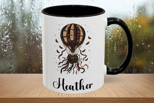 Personalized Hot Air Balloon Book Mug, Custom Name Reader Gift, Vintage Floral Coffee Cup, 11 oz and 15 oz, 4 Colors