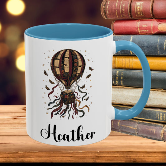 Personalized Hot Air Balloon Book Mug, Custom Name Reader Gift, Vintage Floral Coffee Cup, 11 oz and 15 oz, 4 Colors