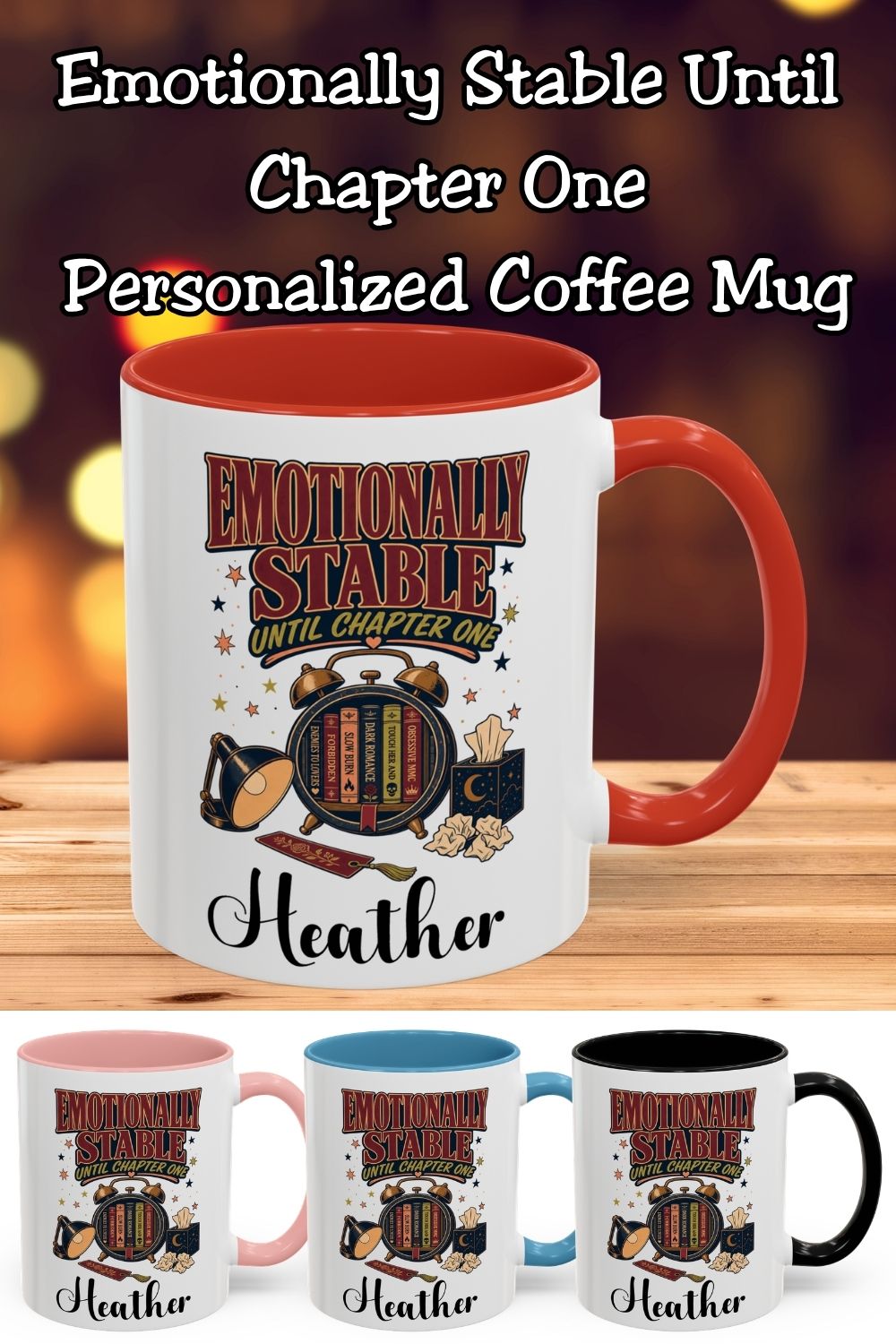 Emotionally stable until chapter one? This personalized book lover mug understands. Featuring a vintage alarm clock filled with romance books, a reading lamp, and tissues for those emotional endings, it’s a fun gift for romance readers and book club friends. Add your name and choose an 11 oz or 15 oz size, both available with red, light blue, black, or pink accents. Save this bookish gift idea for your favorite reader.