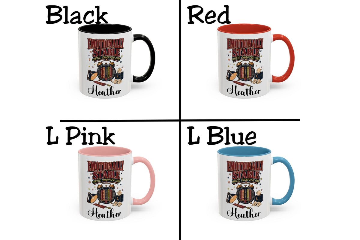 Four color options for a custom ceramic mug are shown in a 2x2 grid: Black, Red, L Pink, and L Blue. Each option displays a white mug with a contrasting handle/interior color and a custom graphic design featuring a basketball and the text 'BURN THE BULLSHIT & HEATHER'.