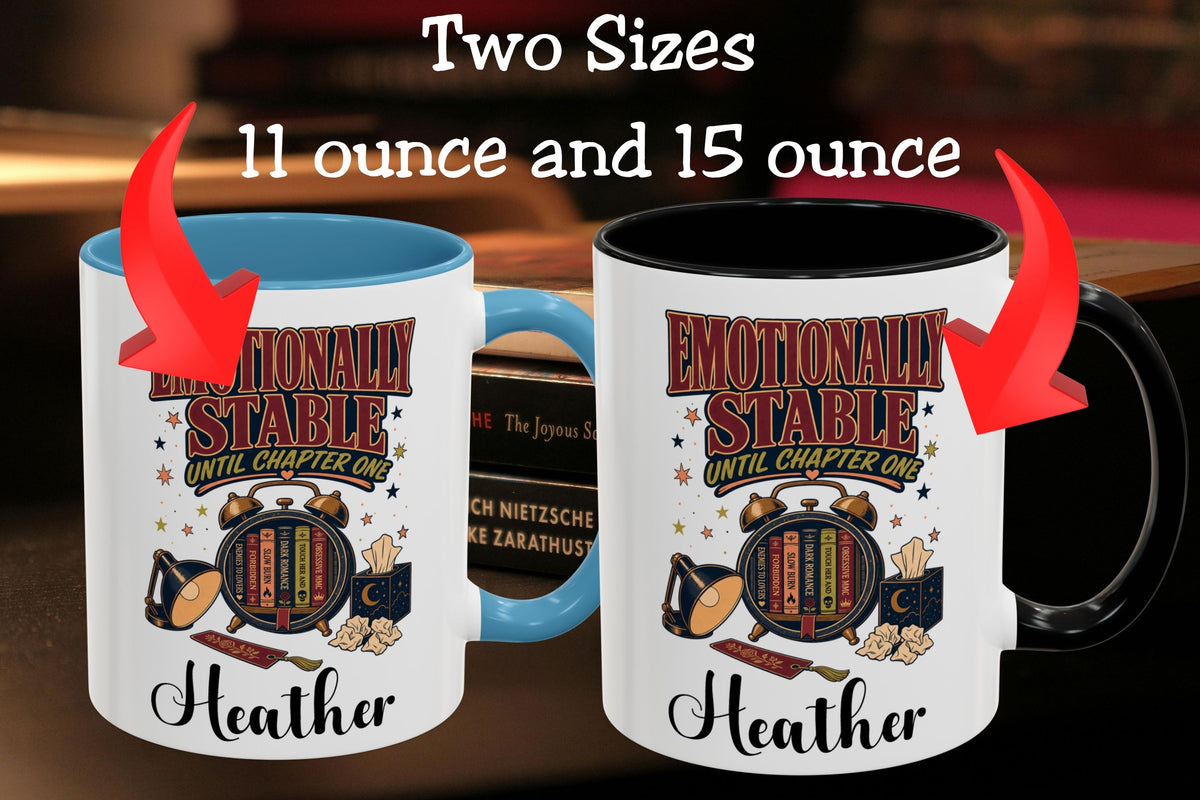 Two printed ceramic mugs shown side by side with text reading 'Two Sizes 11 ounce and 15 ounce' and red arrows pointing to each mug. The mugs are white with a blue interior on the left and a black interior on the right, both printed with a decorative book-themed graphic and the name 'Heather'.