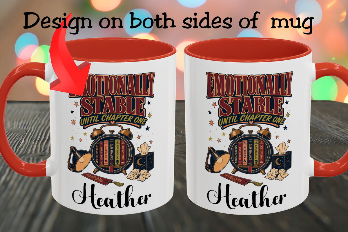 Two white ceramic mugs with red interiors and handles are shown side by side on a dark wooden surface with colorful blurred lights in the background. Text at the top says 'Design on both sides of mug' with an arrow pointing to the left mug.