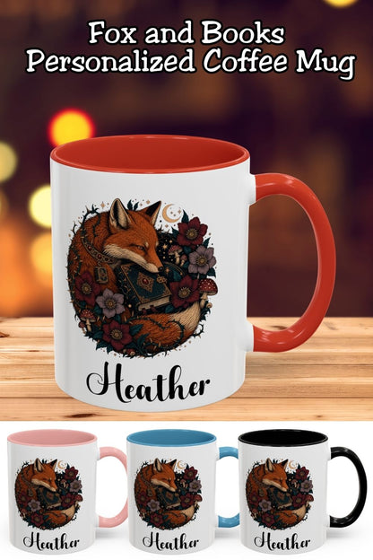 Bring woodland magic to your reading routine with this personalized fox book mug. A copper fox curls around an ornate book, framed by flowers, mushrooms, a crescent moon, and stars. Add your name and choose an 11 oz or 15 oz size, both available with red, light blue, black, or pink accents. A thoughtful gift for fox lovers, fantasy readers, and cottagecore fans. Save this bookish gift idea for a birthday or your own cozy reading corner.