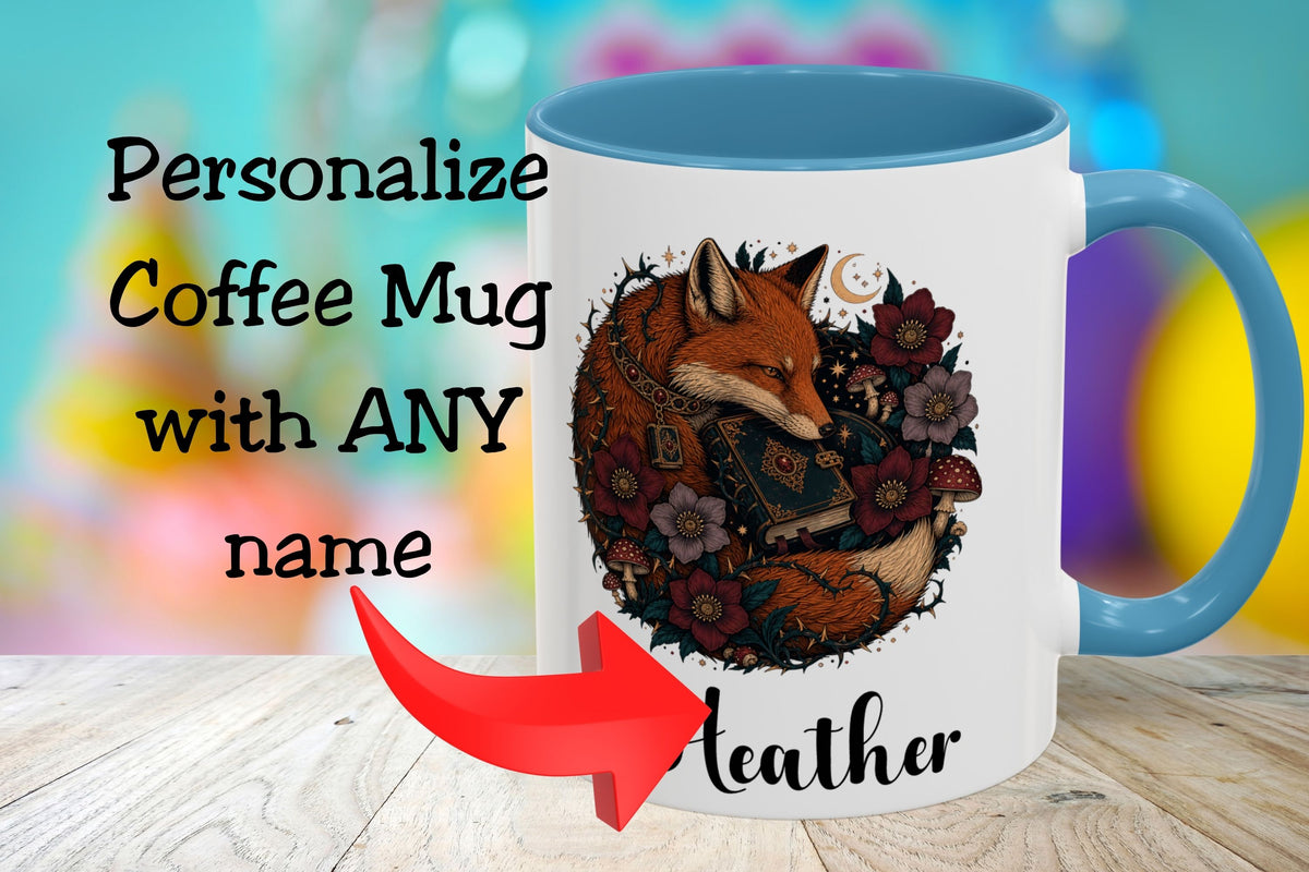 A white coffee mug with a blue handle and interior, featuring an illustrated fox surrounded by flowers and the name 'Leather' printed below. Large text on the left reads 'Personalize Coffee Mug with ANY name' with a red arrow pointing to the mug.