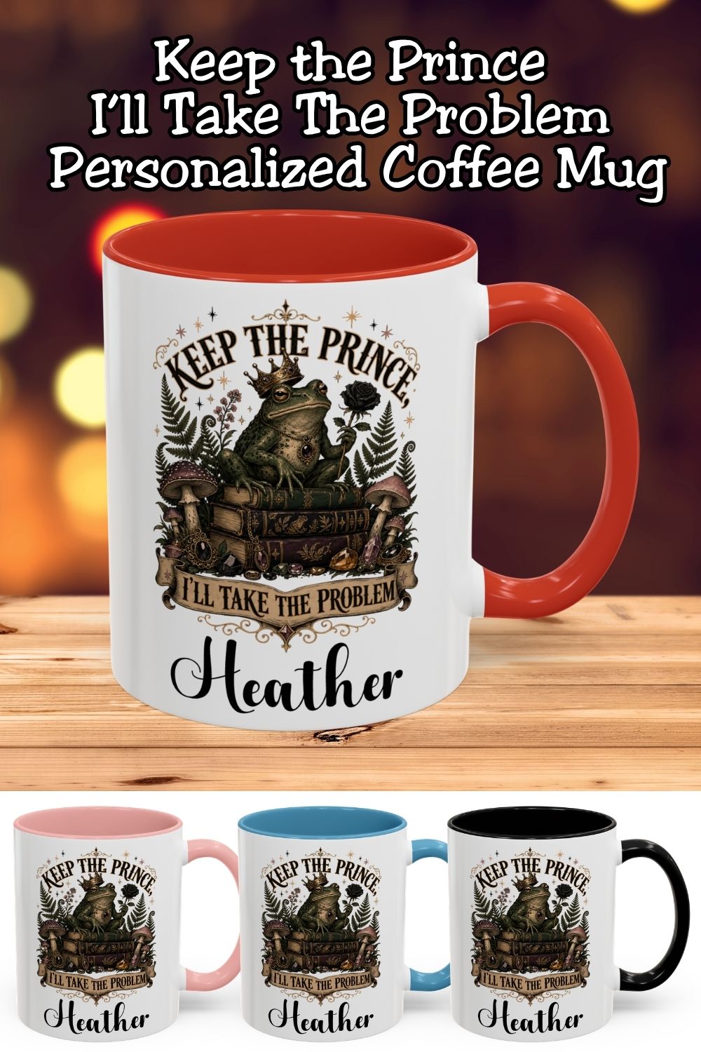 Keep the prince, I’ll take the problem. This funny romantasy mug features a crowned frog holding a black rose atop antique books, surrounded by mushrooms, ferns, and illustrated jewels. Choose an 11 oz or 15 oz size, both available with red, light blue, black, or pink accents. A whimsical gift for fantasy readers, frog lovers, and book club friends with questionable taste in fictional characters. Save this idea for your next bookish gift.
