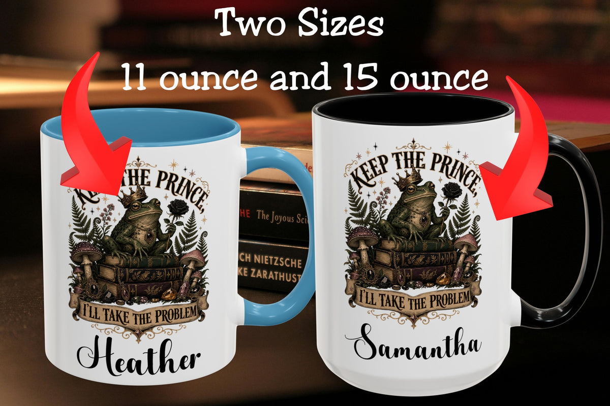 Two customized ceramic mugs shown side by side with text reading 'Two Sizes 11 ounce and 15 ounce' and red arrows pointing to each mug. The left mug is white with a blue handle and interior, and the right mug is white with a black handle and black interior.