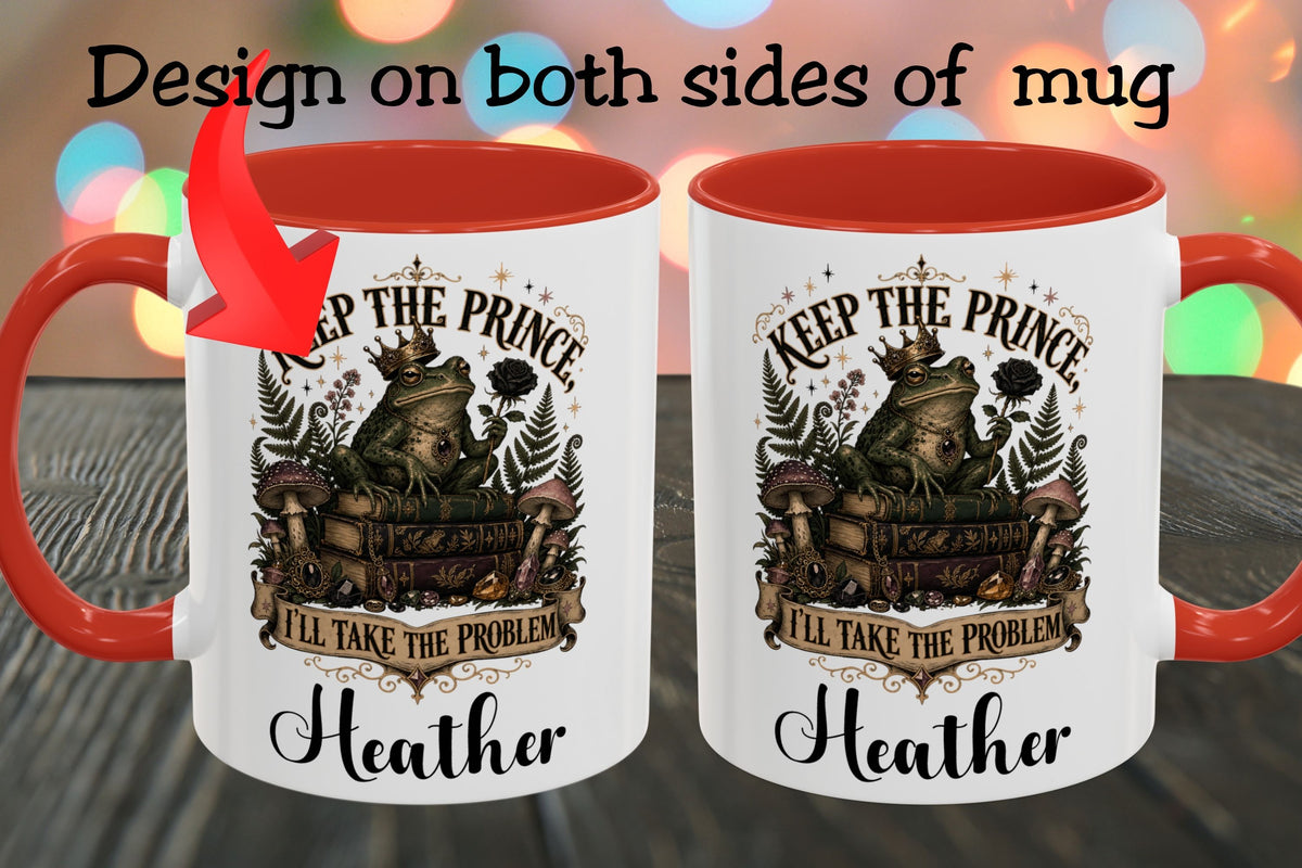Two white ceramic mugs with red interiors and handles, shown side by side on a dark wooden surface with colorful blurred lights in the background. Text at the top reads 'Design on both sides of mug' with a red arrow pointing to the left mug.