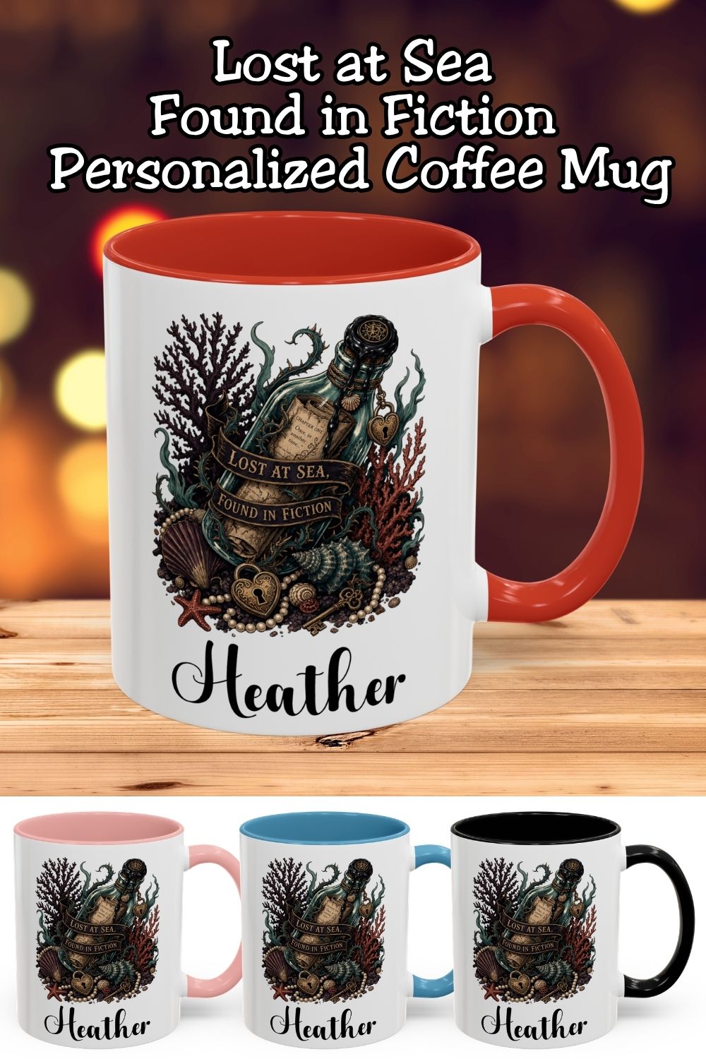 Lost at sea, found in fiction. This personalized book lover mug features a vintage message bottle surrounded by seashells, coral, pearls, and ornate heart locks. Add your name and choose an 11 oz or 15 oz size, both available with red, light blue, black, or pink accents. A thoughtful nautical gift for ocean lovers, fantasy readers, and book club friends. Save this idea for a reader who loves escaping into another world.
