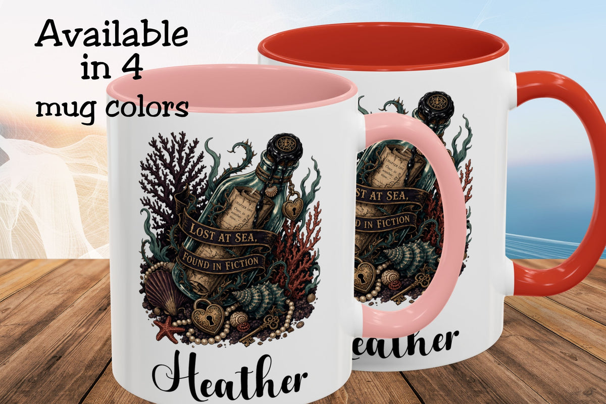 Two personalized ceramic mugs with an underwater treasure graphic and the name 'Heather' printed at the bottom, shown on a wooden surface with a beach background. Text in the corner says 'Available in 4 mug colors'.
