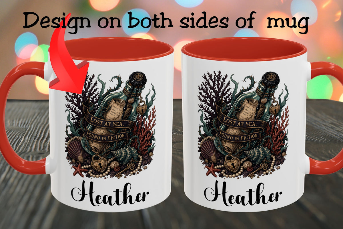 Two white ceramic mugs with red interiors and red handles are shown side by side on a dark wooden surface, with colorful blurred lights in the background. Black text at the top reads 'Design on both sides of mug,' and each mug features an underwater bottle graphic with the name 'Heather' printed below.