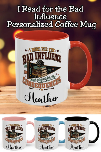 Read for the bad influence, stay for the consequences. This personalized dark romance mug pairs vintage collegiate lettering with stacked books, a black rose, and a retro pennant. Add your name and choose an 11 oz or 15 oz size, both available with red, light blue, black, or pink accents. A fun gift for romantasy readers, book club friends, and anyone who always defends the fictional villain. Save this idea for your next bookish gift.
