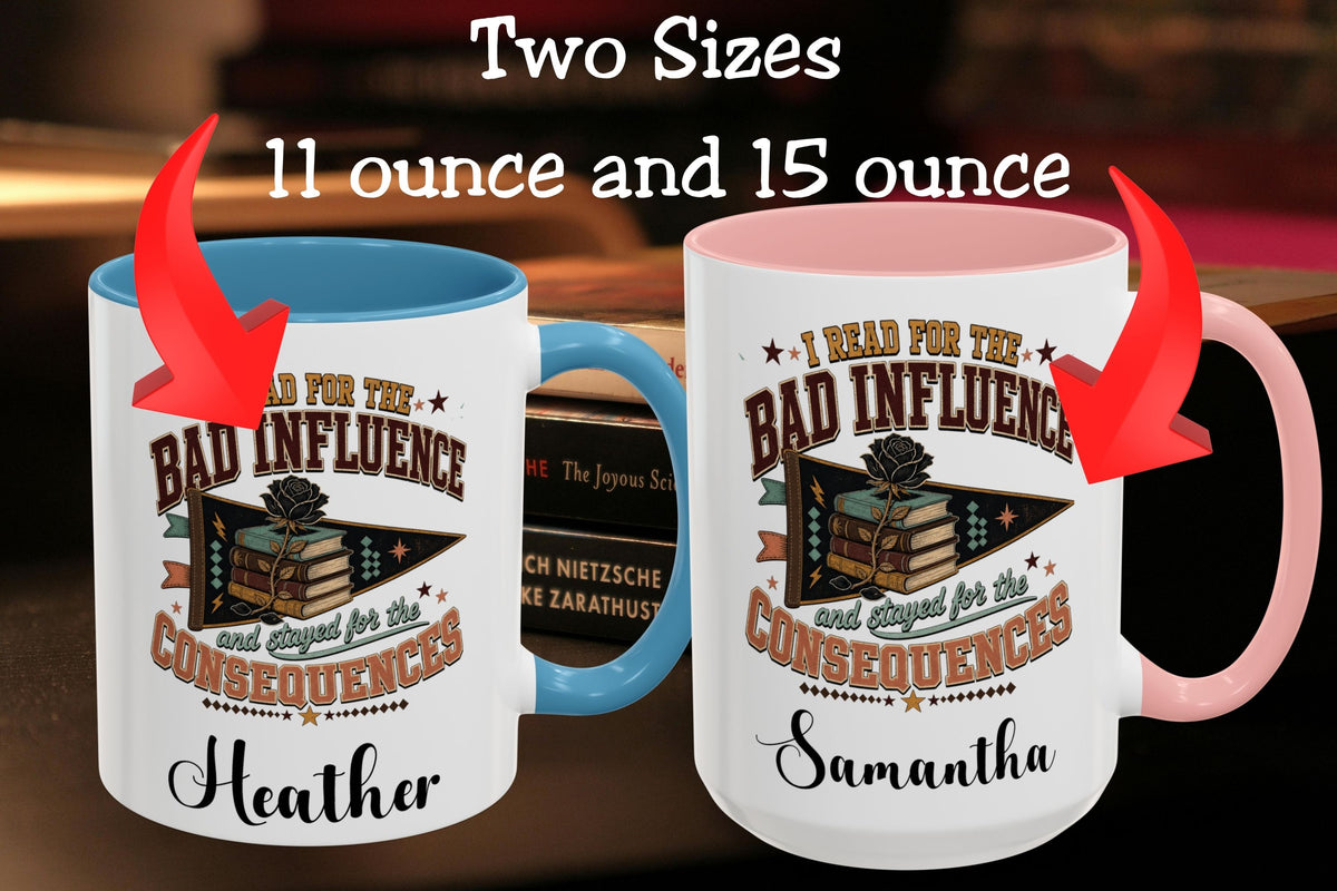 Two printed ceramic mugs shown side by side with text reading 'Two Sizes 11 ounce and 15 ounce' and red arrows pointing to each mug. The left mug is white with a blue interior and blue handle, and the right mug is white with a pink interior and pink handle.
