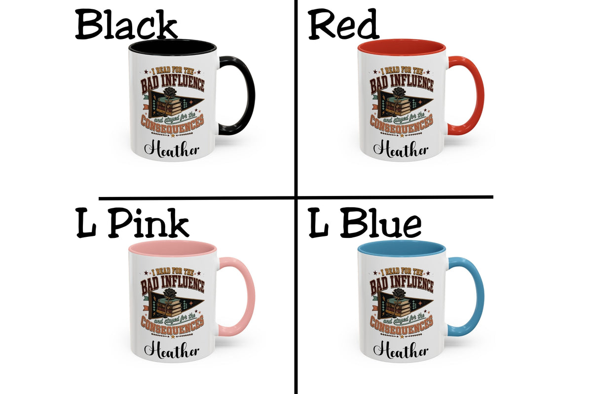 A four-quadrant color options graphic showing a printed coffee mug with different interior handle colors: Black, Red, L Pink, and L Blue. Each quadrant shows the mug with a white exterior, a vintage-style stack of pancakes graphic, and the name Heather printed on it.