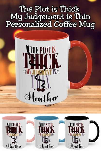 The plot is thick. My judgment is thin. This personalized romance reader mug celebrates complicated stories and questionable fictional crushes with bold lettering, a winding black ribbon, and dark red cherries. Add your name and choose an 11 oz or 15 oz size, both available with red, light blue, black, or pink accents. A fun gift for dark romance fans, book club friends, and lovers of morally gray characters. Save this idea for your next bookish gift.