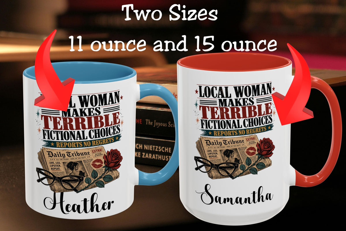 Two personalized ceramic mugs shown side by side with text reading 'Two Sizes 11 ounce and 15 ounce' and red arrows pointing to each mug. The left mug is white with a blue interior and handle, and the right mug is white with a red interior and handle.