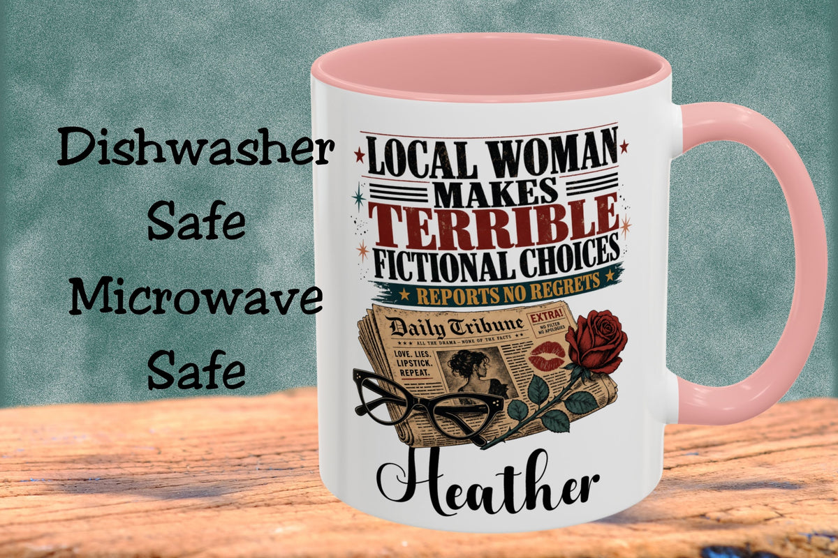 A white ceramic mug with a pink interior and handle, featuring a humorous graphic print about a fictional woman named Heather. The mug is displayed on a wooden surface against a textured teal background with text overlays on the left.