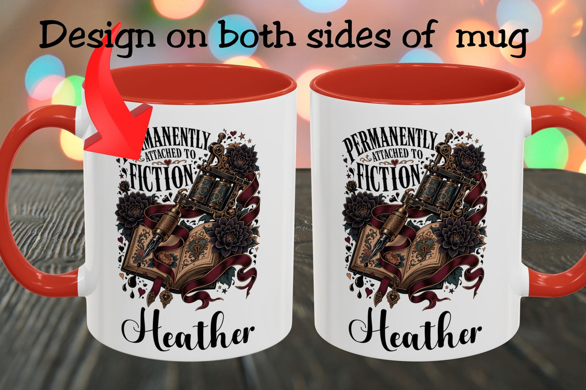 Personalized Book Lover Mug, Permanently Attached to Fiction, Gothic Tattoo Coffee Cup, Custom Reader Gift, 11 oz and 15 oz, 4 Colors