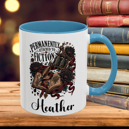 Personalized Book Lover Mug, Permanently Attached to Fiction, Gothic Tattoo Coffee Cup, Custom Reader Gift, 11 oz and 15 oz, 4 Colors
