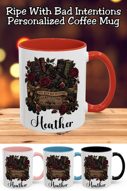 Ripe with bad intentions and ready for another chapter. This personalized dark romance mug features antique books, burgundy roses, blackberries, cherries, and figs in a vintage fruit basket. Add your name and choose an 11 oz or 15 oz size, both available with red, light blue, black, or pink accents. A thoughtful gift for romance readers, gothic floral lovers, and book club friends with a taste for forbidden love stories. Save this bookish gift idea for later.