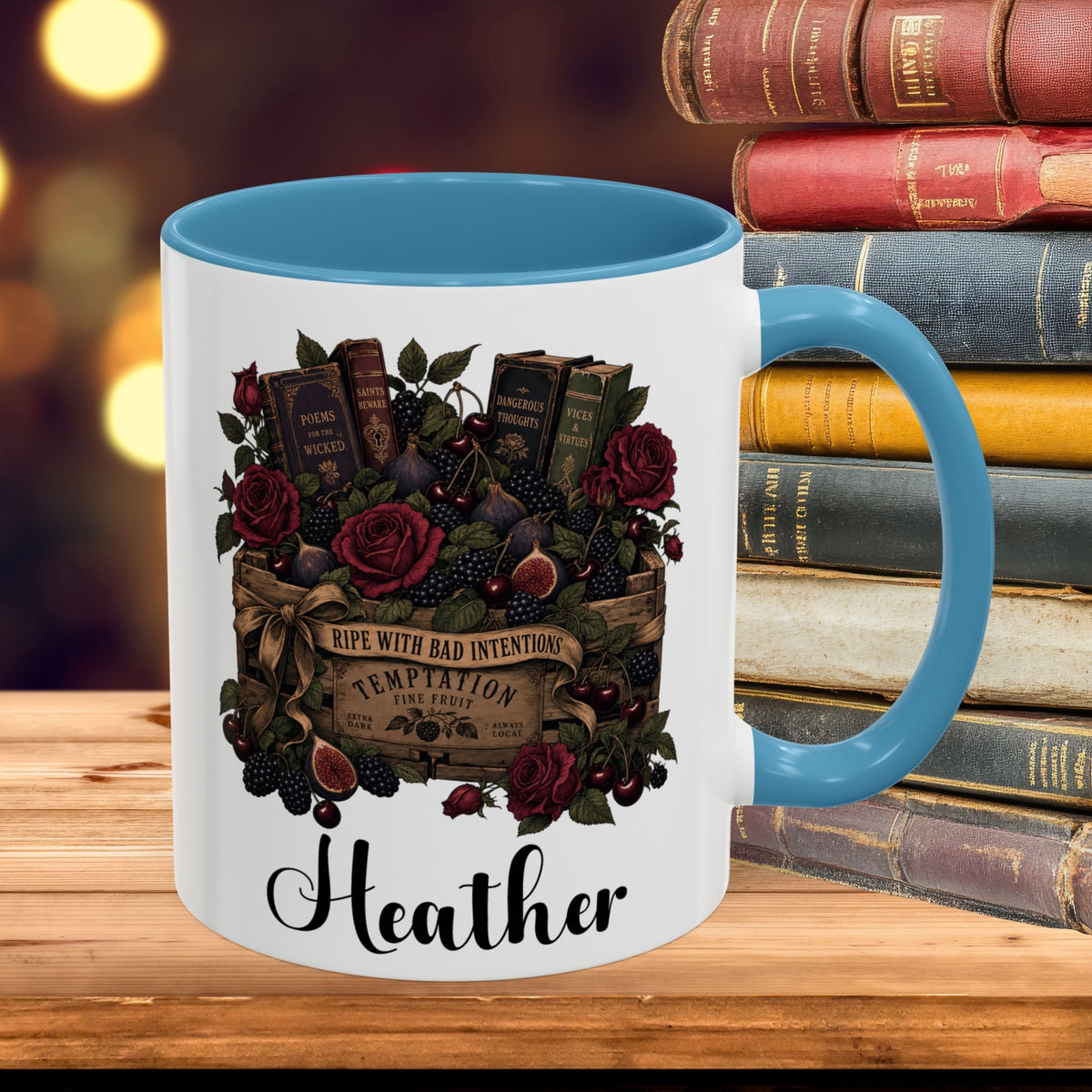 Personalized Dark Romance Mug, Ripe With Bad Intentions, Gothic Books and Roses, Custom Reader Gift, 11 oz and 15 oz, 4 Colors