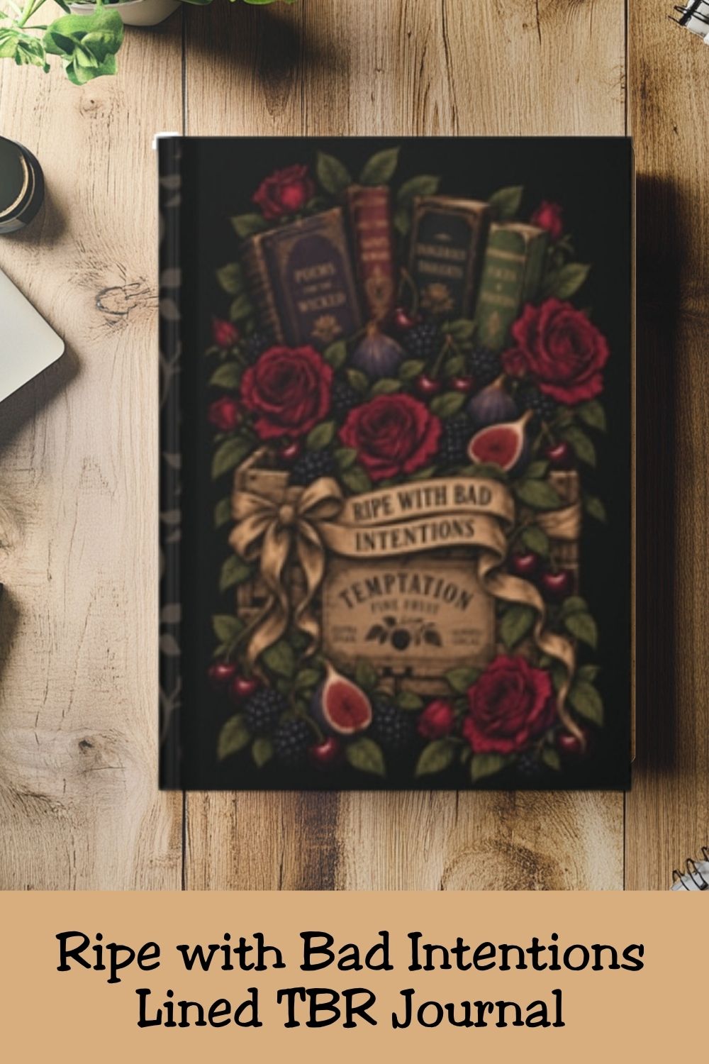 Capture reading notes, favorite quotes, book reviews and beautifully bad ideas in this “Ripe With Bad Intentions” hardcover lined journal. Featuring antique books, burgundy roses, figs and moody botanical details, it’s a thoughtful dark-academia gift for romance readers, romantasy fans, writers and book lovers. Includes 150 lined pages for journaling, planning and creative writing. Find it at The Treasured Bookshelf.