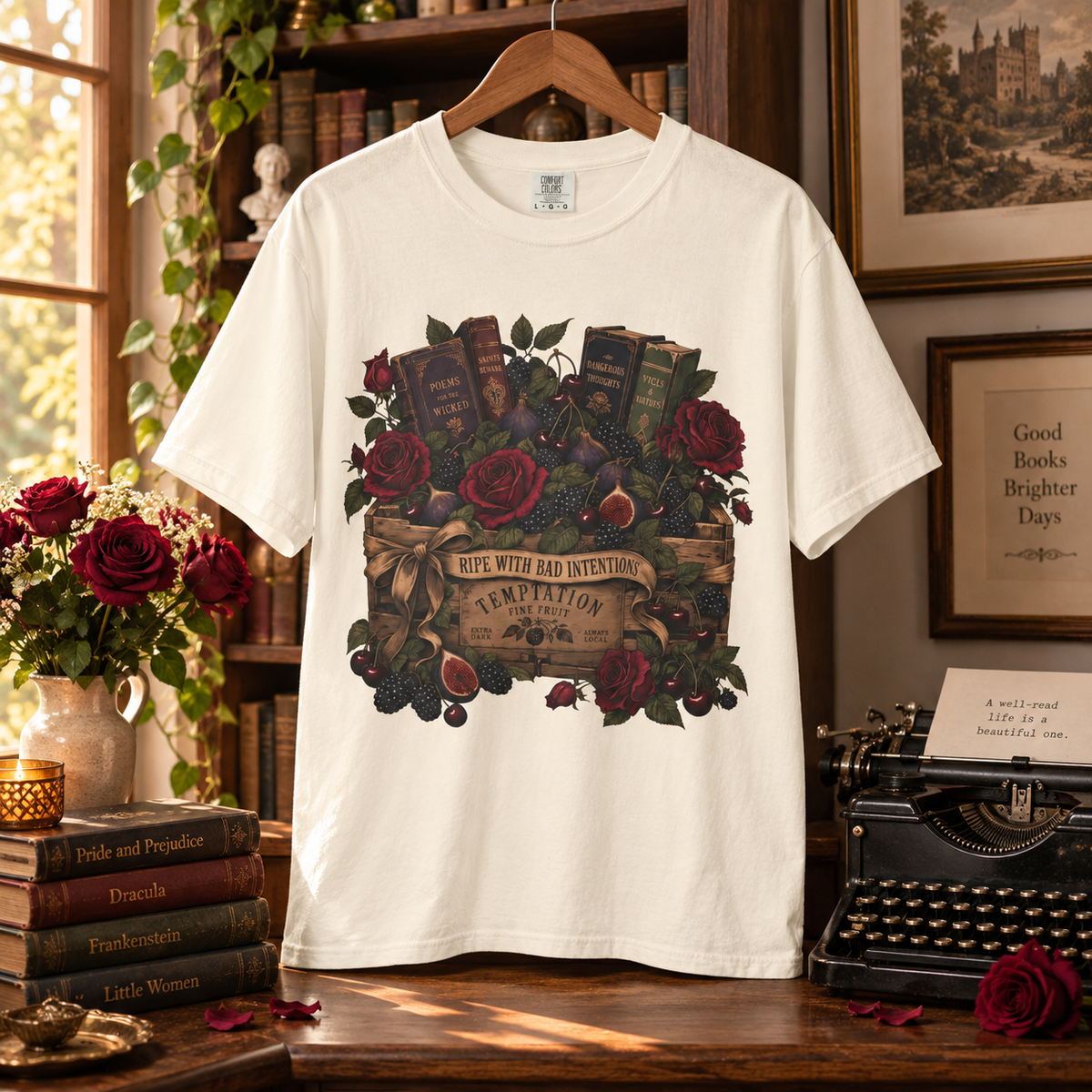 Ripe With Bad Intentions Shirt, Dark Academia Book Lover Tee, Gothic Romance Reader Gift, Comfort Colors Floral Book Shirt