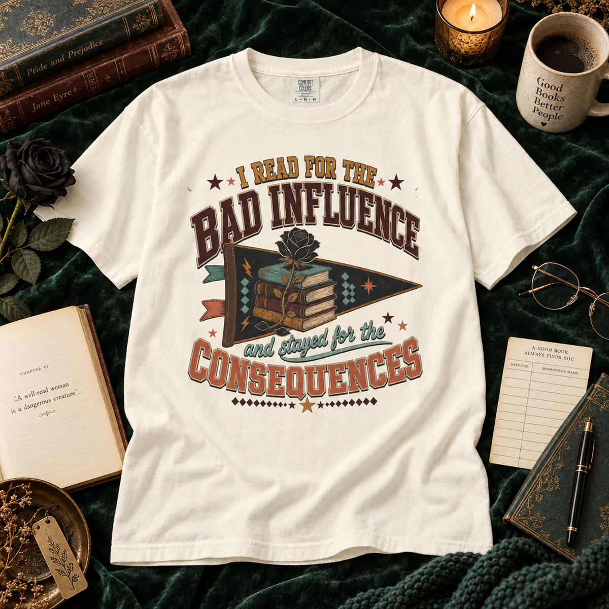 Funny Book Lover Shirt, I Read for the Bad Influence Tee, Romance Reader Gift, Bookish Graphic T Shirt, Reading Club Top