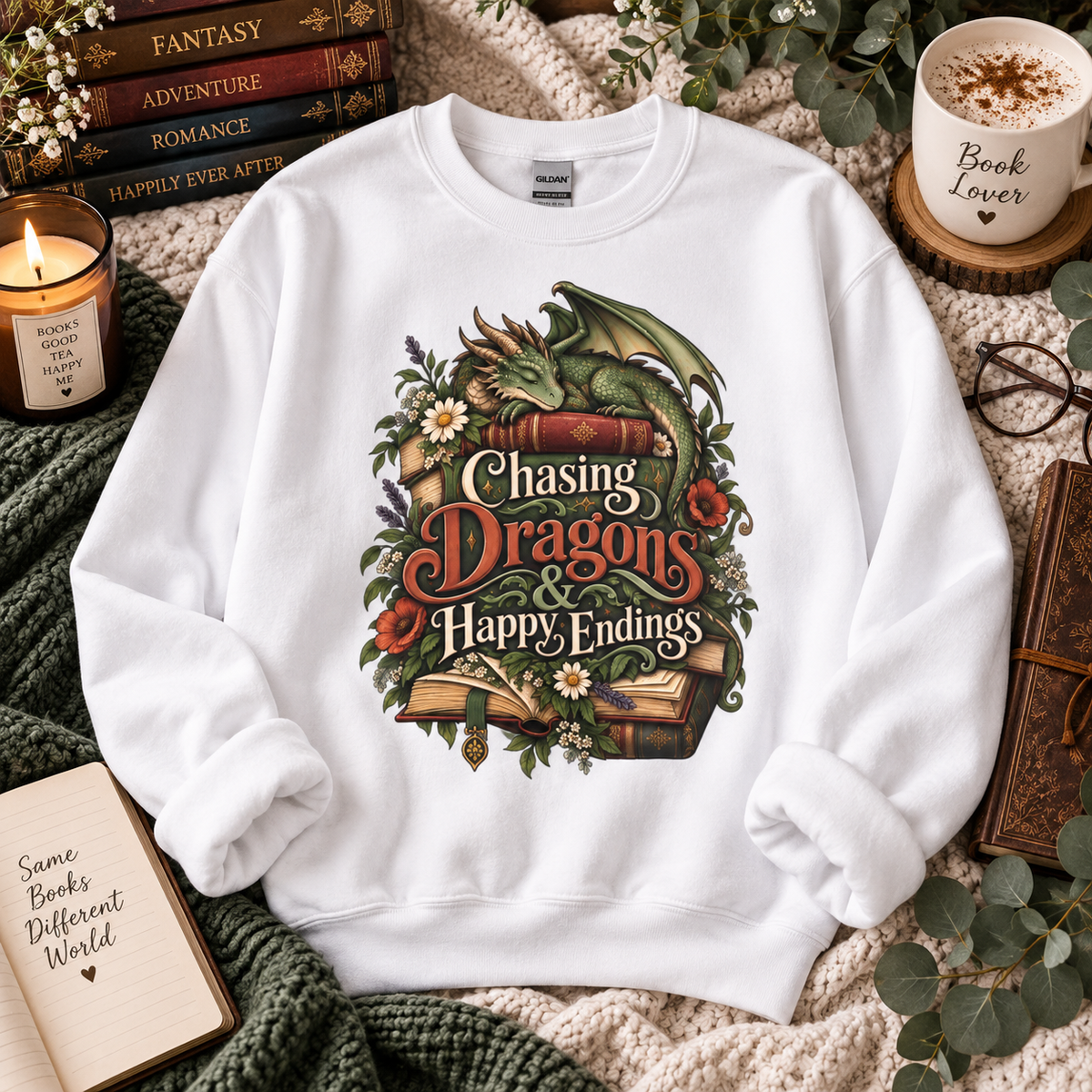 Fantasy Reader Sweatshirt, Chasing Dragons and Happy Endings, Dragon Book Sweatshirt, Fantasy Book Lover Gift, Bookish Crewneck