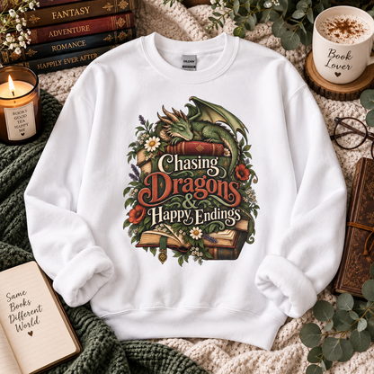 Fantasy Reader Sweatshirt, Chasing Dragons and Happy Endings, Dragon Book Sweatshirt, Fantasy Book Lover Gift, Bookish Crewneck