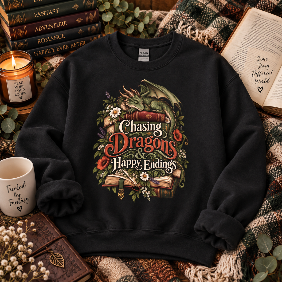Fantasy Reader Sweatshirt, Chasing Dragons and Happy Endings, Dragon Book Sweatshirt, Fantasy Book Lover Gift, Bookish Crewneck