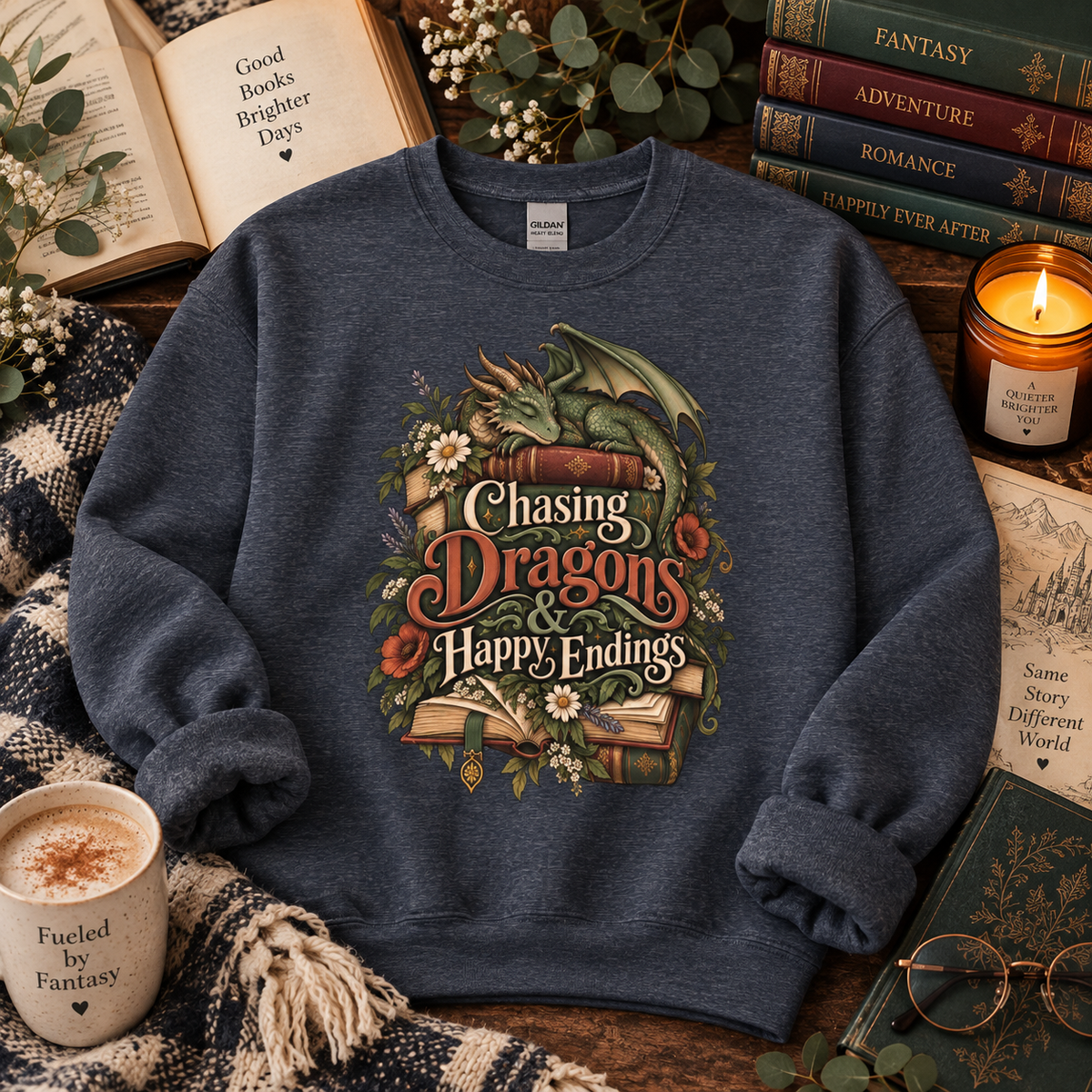 Fantasy Reader Sweatshirt, Chasing Dragons and Happy Endings, Dragon Book Sweatshirt, Fantasy Book Lover Gift, Bookish Crewneck