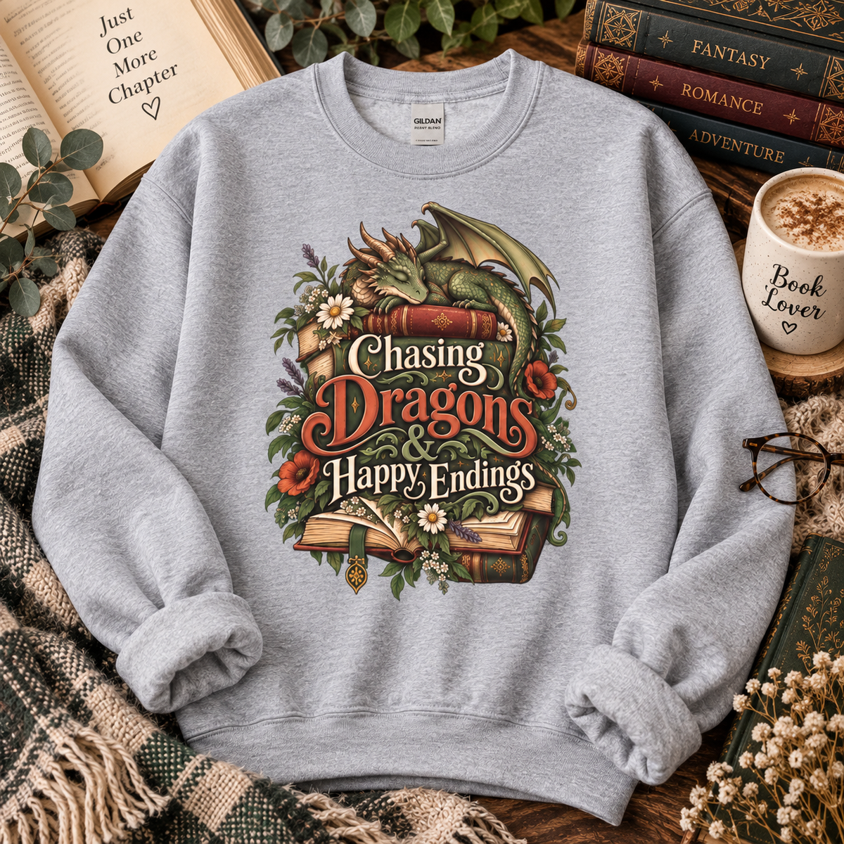 Fantasy Reader Sweatshirt, Chasing Dragons and Happy Endings, Dragon Book Sweatshirt, Fantasy Book Lover Gift, Bookish Crewneck