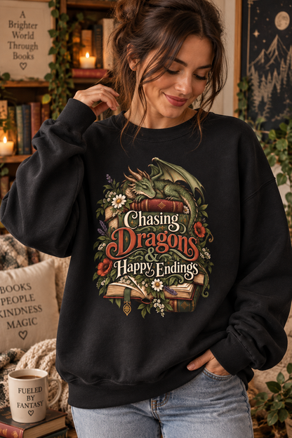 Fantasy Reader Sweatshirt, Chasing Dragons and Happy Endings, Dragon Book Sweatshirt, Fantasy Book Lover Gift, Bookish Crewneck