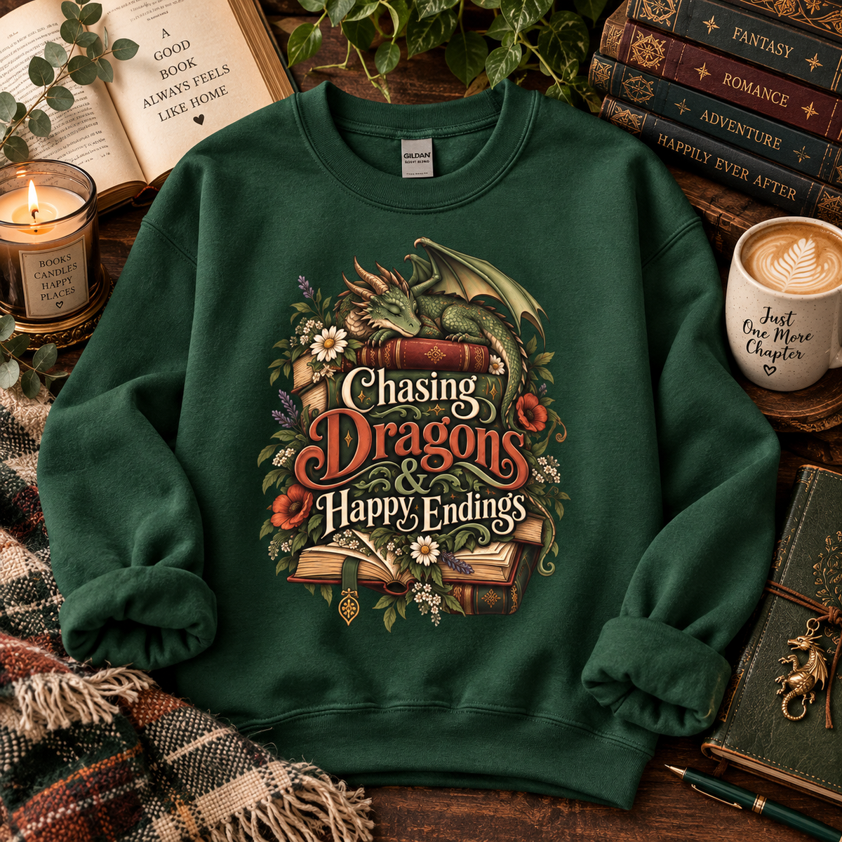 Fantasy Reader Sweatshirt, Chasing Dragons and Happy Endings, Dragon Book Sweatshirt, Fantasy Book Lover Gift, Bookish Crewneck